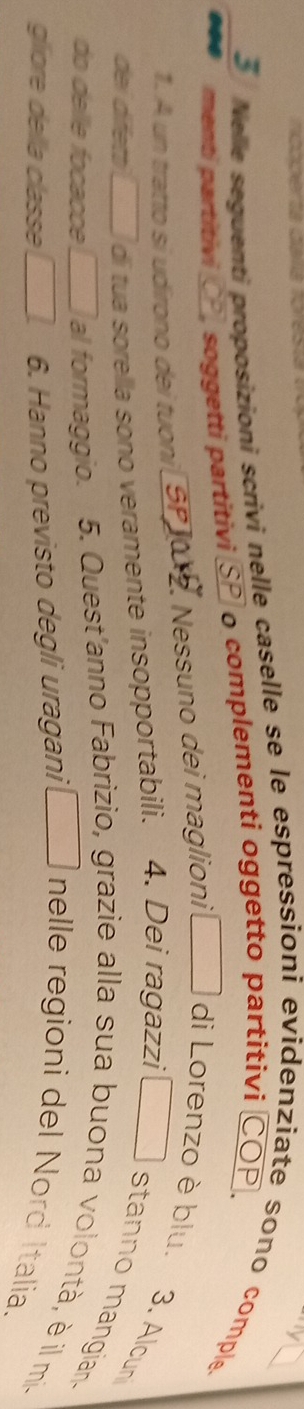 Nelle seguenti proposizioni scrivi nelle caselle se le espressioni evidenziate sono comple. 
menti partitivi CP, soggetti partitivi SP o complementi oggetto partitivi COP. 
1. A un tratto si udirono dei tuoni SP 102. Nessuno dei maglioni di Lorenzo è blu. 
dei dífets di tua sorella sono veramente insopportabili. 4. Dei ragazzi 
3. Alcun 
stanno mangian 
do delle focacce ___ al formaggio. 5. Quest'anno Fabrizio, grazie alla sua buona volontà, è il mí- 
glore della classe 
6. Hanno previsto degli uragani nelle regioni del Nord Italia.