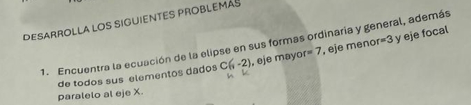 DESARROLLA LOS SIGUIENTES PROBLEMAS 
1. Encuentra la ecuación de la elipse en sus formas ordinaria y general, además , eje menor =3 y eje focal 
de todos sus elementos dados C(-2) , eje mayor =7
paralelo al eje X.