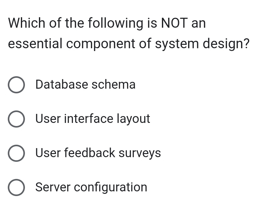 Which of the following is NOT an
essential component of system design?
Database schema
User interface layout
User feedback surveys
Server configuration