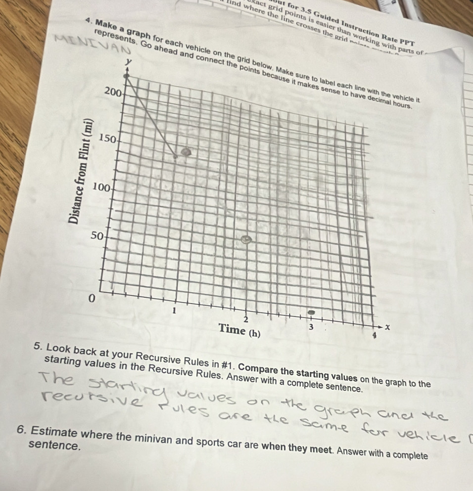 but for 3.5 Guided Instruction Rate PPT 
nd where the line crosses the grid noi 
tact grid points is easier than working with parts of 
. Make a graph for each vehicle on the grid below. Make sure to label each line with the vehicle i 
epresents. Go ah 
5. Look back at your Recursive Rules in #1. Compare the starting values on the graph to the 
starting values in the Recursive Rules. Answer with a complete sentence. 
6. Estimate where the minivan and sports car are when they meet. Answer with a complete 
sentence.