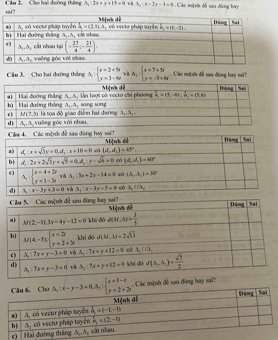 Cho hai đường thăng △ _1:2x+y+15=0 và A_2:x-2y-3=0 Các mệnh đề sau đúng hay
sai?
Câu 3. Cho hai đường thẳng Delta _1:beginarrayl x=2+5t y=3-6tendarray. và △ _1:beginarrayl x=7+5t' y'=-3+6t'endarray.. Các mệnh đề sau đúng hay sai?
. Các mệnh đề sau đúng hay sa