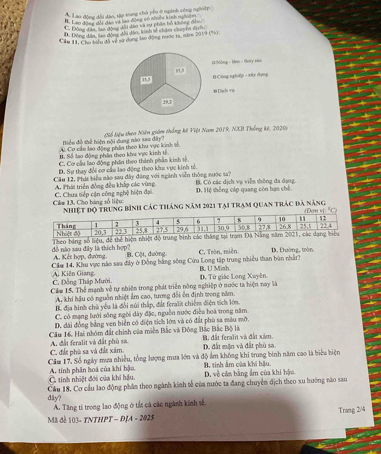 Lao động đồi dào, tập trung chủ yếu ở ngành công nghiệp.
B. Lao động đổi đảo và lao động có nhiều kinh nghiệm
C. Động dân, lao động đồi đảo và sự phân bỏ không đều
D. Đông dân, lao động đổi dào, kinh tế chậm chuyển dịch.
Câu 11. Cho biểu đồ về sử dụng lao động nước ta, năm 2019 (%):
Nông - lâm - thūy sản
35,3
35,5  Công nghiệp - xây dựng
Djch vụ
29,2
(Số liệu theo Niên giám thống kê Việt Nam 2019, NXB Thống kê, 2020)
Biểu đồ thể hiện nội dung nào sau đây?
A. Cơ cấu lao động phân theo khu vực kinh tế.
B. Số lao động phân theo khu vực kinh tế.
C. Cơ cầu lao động phân theo thành phần kinh tế.
D. Sự thay đổi cơ cấu lao động theo khu vực kinh tế.
Câu 12. Phát biểu nào sau đây đúng với ngành viễn thông nước ta?
A. Phát triển đồng đều khắp các vùng. B. Có các dịch vụ viễn thông đa dạng.
C. Chưa tiếp cận công nghệ hiện đại. D. Hệ thống cáp quang còn hạn chế.
Câu 13. Cho bảng số liệu:
nhiệt độ trung bình các tháng năm 2021 tại trạm quan trác đà năng
(Đơn vi:^circ C)
Theo bảng số liệu, để thể hiện nhiệt độ trun
đồ nào sau đây là thích hợp? D. Đường, tròn.
A. Kết hợp, đường. B. Cột, đường. C. Tròn, miền.
Câu 14. Khu vực nào sau đây ở Đồng bằng sông Cửu Long tập trung nhiều than bùn nhất?
A. Kiên Giang. B. U Minh.
C. Đồng Tháp Mười. D. Tứ giác Long Xuyên.
Câu 15. Thế mạnh về tự nhiên trong phát triển nông nghiệp ở nước ta hiện nay là
A. khí hậu có nguồn nhiệt ẩm cao, tương đối ổn định trong năm.
B. địa hình chủ yếu là đồi núi thấp, đất feralit chiếm diện tích lớn.
C. có mạng lưới sông ngòi dày đặc, nguồn nước điều hoà trong năm.
D. dài đồng bằng ven biển có diện tích lớn và có đất phù sa màu mỡ.
Câu 16. Hai nhóm đất chính của miền Bắc và Đông Bắc Bắc Bộ là
A. đất feralit và đất phù sa. B đất feralit và đất xám.
C. đất phù sa và đất xám. D. đất mặn và đất phù sa.
Câu 17. Số ngày mưa nhiều, tổng lượng mưa lớn và độ ẩm không khí trung bình năm cao là biểu hiện
A. tính phân hoá của khí hậu. B. tính ẩm của khí hậu.
C. tính nhiệt đới của khí hậu. D. về cân bằng ẩm của khí hậu.
Cầu 18. Cơ cấu lao động phân theo ngành kinh tế của nước ta đang chuyển dịch theo xu hướng nào sau
đây?
A. Tăng tỉ trong lao động ở tất cả các ngành kinh tế.
Trang 2/4
Mã đề 103- TNTHPT - ĐỊA - 2025