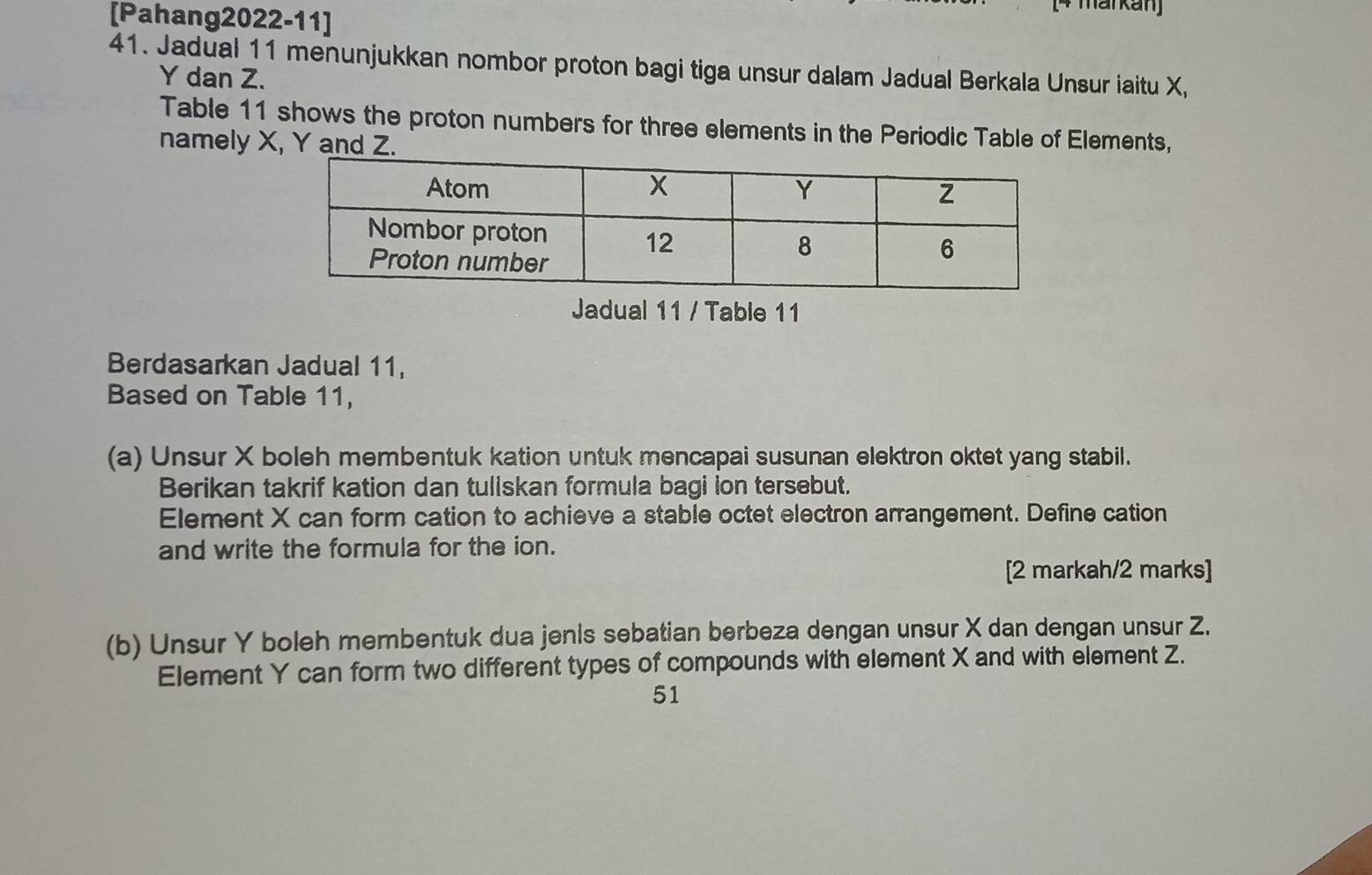 [Pahang2022-11] 
[4 märkan] 
41. Jadual 11 menunjukkan nombor proton bagi tiga unsur dalam Jadual Berkala Unsur iaitu X,
Y dan Z. 
Table 11 shows the proton numbers for three elements in the Periodic Table of Elements, 
namely X, Y and Z. 
Jadual 11 / Table 11 
Berdasarkan Jadual 11, 
Based on Table 11, 
(a) Unsur X boleh membentuk kation untuk mencapai susunan elektron oktet yang stabil. 
Berikan takrif kation dan tuliskan formula bagi ion tersebut. 
Element X can form cation to achieve a stable octet electron arrangement. Define cation 
and write the formula for the ion. 
[2 markah/2 marks] 
(b) Unsur Y boleh membentuk dua jenis sebatian berbeza dengan unsur X dan dengan unsur Z. 
Element Y can form two different types of compounds with element X and with element Z. 
51