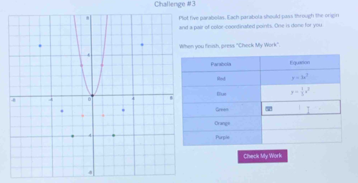 Challenge #3
ive parabolas. Each parabola should pass through the origin
pair of color-coordinated points. One is done for you.
you finish, press "Check My Work".
Parabola Equation
Red y=3x^2
Blue y= 1/5 x^2
Green
Orange
Purple
Check My Work