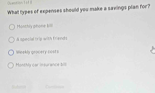 What types of expenses should you make a savings plan for?
Monthly phone bill
A special trip with friends
Weekly grocery costs
Monthly car insurance bill
Sudm Carnee