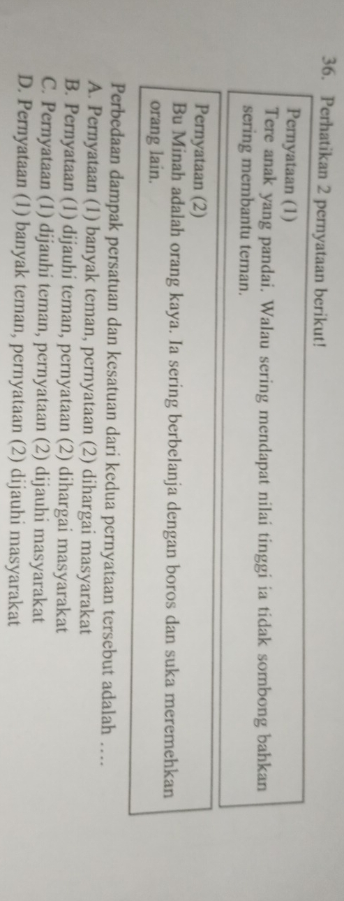 Perhatikan 2 pernyataan berikut!
Pernyataan (1)
Tere anak yang pandai. Walau sering mendapat nilai tinggi ia tidak sombong bahkan
sering membantu teman.
Pernyataan (2)
Bu Minah adalah orang kaya. Ia sering berbelanja dengan boros dan suka meremehkan
orang lain.
Perbedaan dampak persatuan dan kesatuan dari kedua pernyataan tersebut adalah ….
A. Pernyataan (1) banyak teman, pernyataan (2) dihargai masyarakat
B. Pernyataan (1) dijauhi teman, pernyataan (2) dihargai masyarakat
C. Pernyataan (1) dijauhi teman, pernyataan (2) dijauhi masyarakat
D. Pernyataan (1) banyak teman, pernyataan (2) dijauhi masyarakat