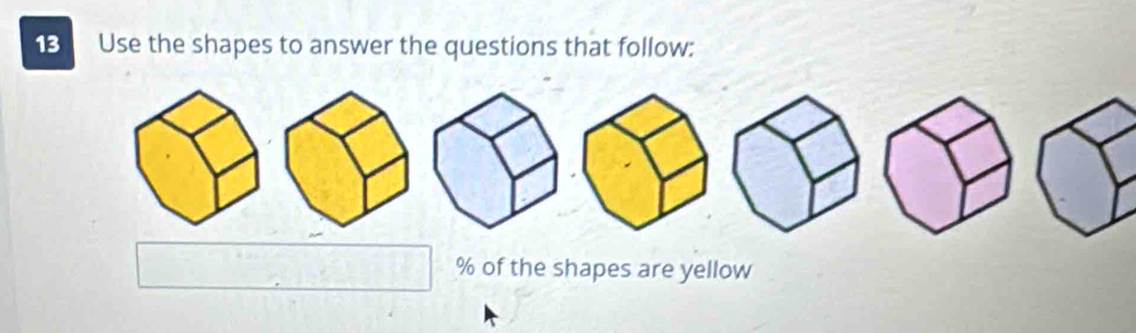 Use the shapes to answer the questions that follow:
% of the shapes are yellow