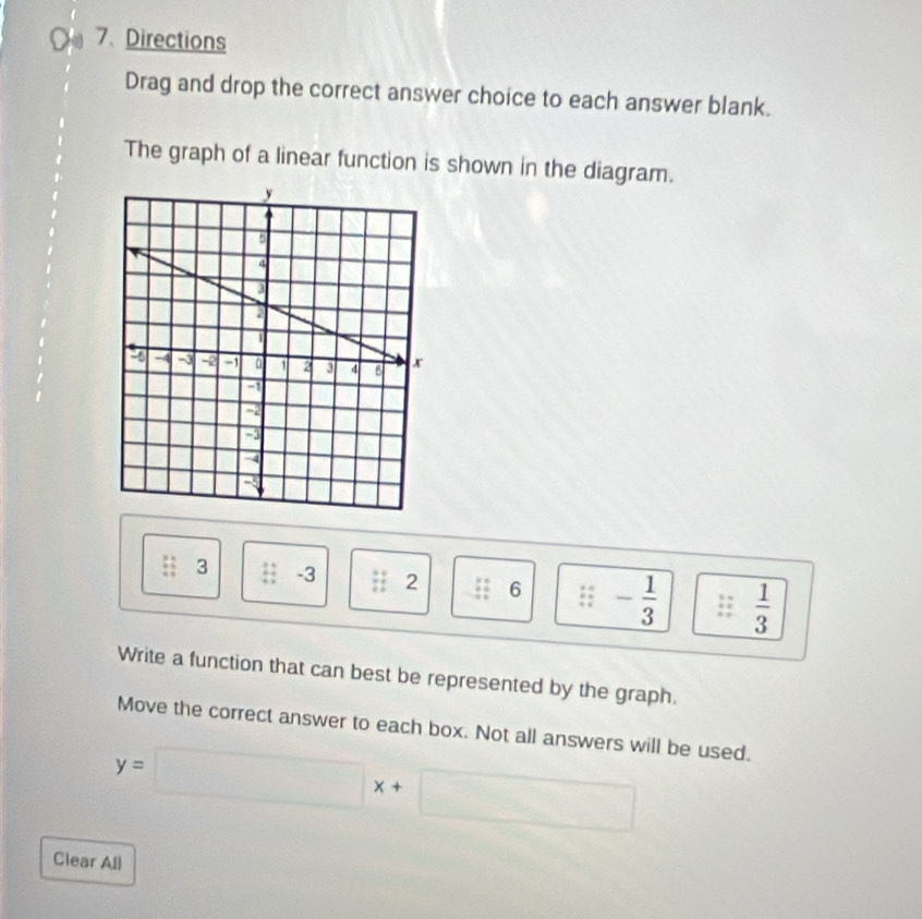 Directions 
Drag and drop the correct answer choice to each answer blank. 
The graph of a linear function is shown in the diagram.
3 beginarrayr 111+ hline endarray -3 beginarrayr + +:frac 2 2 6 :: - 1/3  : :  1/3 
Write a function that can best be represented by the graph. 
Move the correct answer to each box. Not all answers will be used.
y=□ x+□
Clear All