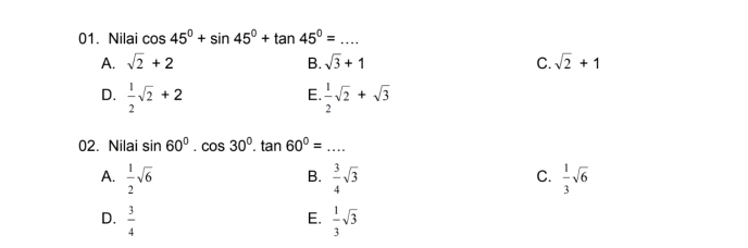 Nilai cos 45°+sin 45°+tan 45°= _
A. sqrt(2)+2 B. sqrt(3)+1 C. sqrt(2)+1
D.  1/2 sqrt(2)+2  1/2 sqrt(2)+sqrt(3)
E.
02. Nilai sin 60°.cos 30°.tan 60°= _
A.  1/2 sqrt(6)  3/4 sqrt(3)  1/3 sqrt(6)
B.
C.
D.  3/4   1/3 sqrt(3)
E.