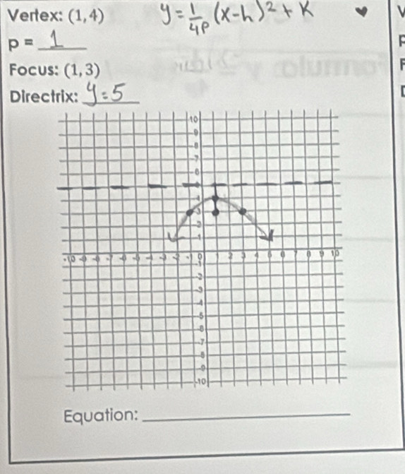 Vertex: (1,4)
_ p=
Focus: (1,3)

Directrix:_ 
Equation:_