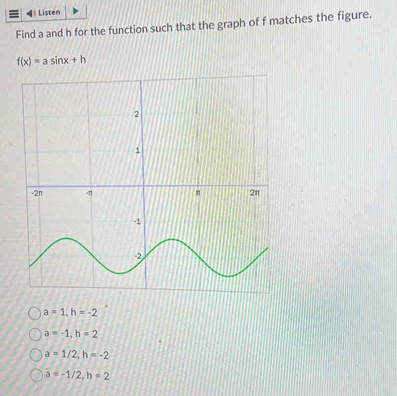 Listen
Find a and h for the function such that the graph of f matches the figure.
f(x)=asin x+h
a=1, h=-2
a=-1, h=2
a=1/2, h=-2
a=-1/2, h=2