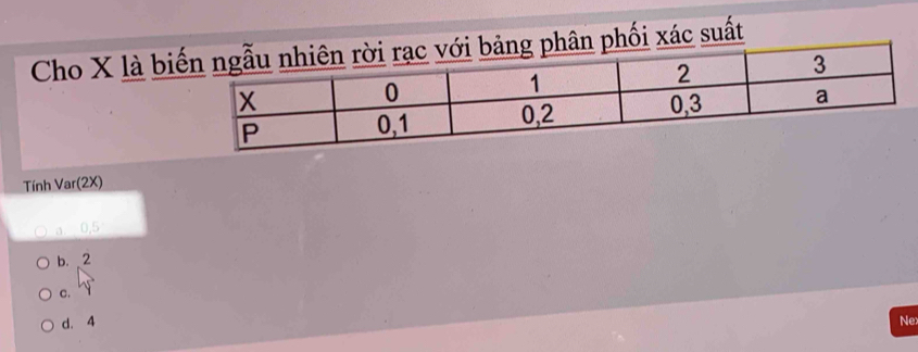 Cho X là bi phối xác suất
Tính Var(2X)
a. 0, 5
b. 2
C. y
d. 4 Ne: