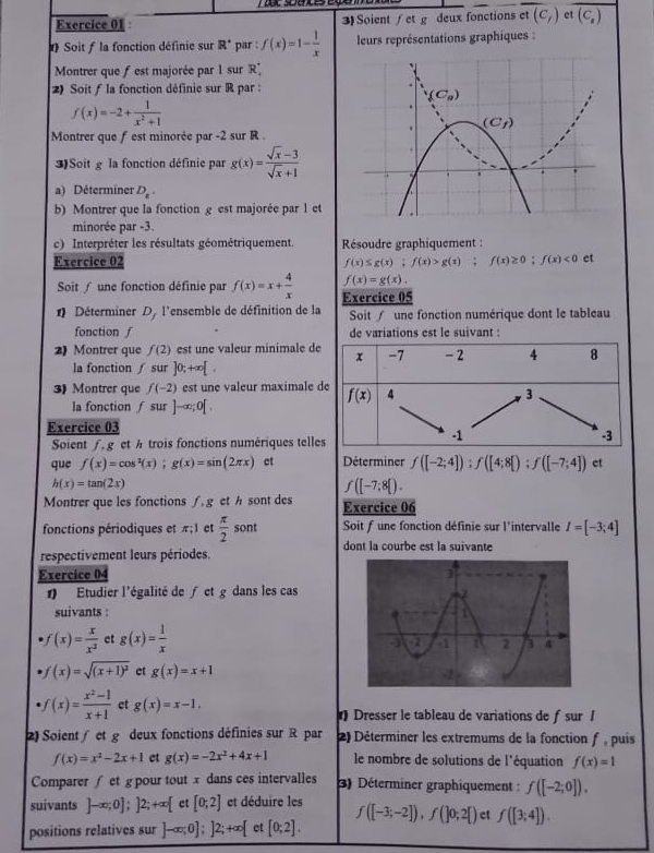 3)Soient/et g deux fonctions ct(C_f) et (C_s)
# Soit f la fonction définie sur R^(·) par : f(x)=1- 1/x  leurs représentations graphiques :
Montrer que fest majorée par 1 sur R_1^(+
2) Soit ƒ la fonction définie sur R par :
f(x)=-2+frac 1)x^2+1
Montrer que f est minorée par -2 sur R .
3)Soit g la fonction définie par g(x)= (sqrt(x)-3)/sqrt(x)+1 
a) Déterminer D_t
b) Montrer que la fonction g est majorée par 1 et
minorée par -3.
c) Interpréter les résultats géométriquement.  Résoudre graphiquement :
f(x)≤ g(x);f(x)>g(x);f(x)≥ 0;f(x)<0</tex>
Exercice 02 et
Soit ∫ une fonction définie par f(x)=x+ 4/x  f(x)=g(x).
1) Déterminer D l'ensemble de définition de la Exercice 05 Soit / une fonction numérique dont le tableau
fonction ∫ de variations est le suivant :
2) Montrer que f(2) est une valeur minimale de
la fonction ∫ 5 ur ]0;+∈fty [.
3) Montrer que f(-2) est une valeur maximale d
la fonction fsu ]-∈fty ;0[.
Exercice 03
Soient ƒ , g et h trois fonctions numériques telles
que f(x)=cos^2(x);g(x)=sin (2π x) et Déterminer f([-2;4]):f([4;8[);f([-7;4]) ct
h(x)=tan (2x)
f([-7;8[).
Montrer que les fonctions ∫, g et h sont des Exercice 06
fonctions périodiques et π ;1 et  π /2  sont Soit f une fonction définie sur l'intervalle I=[-3;4]
respectivement leurs périodes. dont la courbe est la suivante
Exercice 04 
) Etudier l'égalité de ∫ et g dans les cas
suivants :
f(x)= x/x^2  et g(x)= 1/x 
f(x)=sqrt((x+1)^2) et g(x)=x+1
f(x)= (x^2-1)/x+1  et g(x)=x-1. Dresser le tableau de variations de f sur /
2) Soient ∫et g deux fonctions définies sur R par  2) Déterminer les extremums de la fonction f , puis
f(x)=x^2-2x+1 et g(x)=-2x^2+4x+1 le nombre de solutions de l'équation f(x)=1
Comparer ∫ et g pour tout x dans ces intervalles 3) Déterminer graphiquement : f([-2;0]).
suivants ]-∈fty ;0];]2;+∈fty [ et [0;2] et déduire les
positions relatives sur ]-∈fty ;0];]2;+∈fty [ ct [0;2]. f([-3;-2]),f(]0;2[) ct f([3;4]).