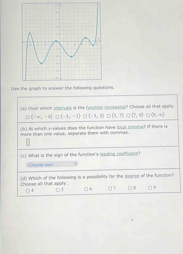 Use the graph to answer the following quions.
(a) Over which intervals is the function increasing? Choose all that apply.
(-∈fty ,-8) (-5,-1) (-5,3) (3,7) (7,9) (9,∈fty )
(b) At which x -values does the function have local minima? If there is
more than one value, separate them with commas.
(c) What is the sign of the function's leading coefficient?
(Choose one)
(d) Which of the following is a possibility for the degree of the function?
Choose all that apply.
4 □5 6 □ 7 8 □ 9