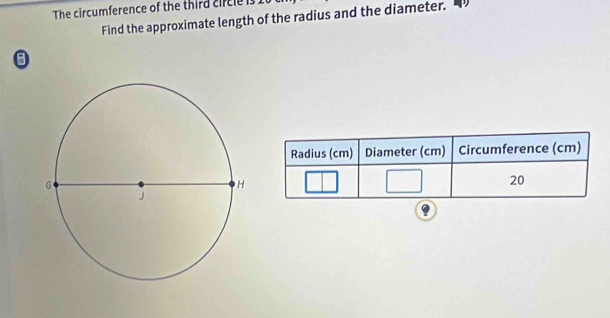 The circumference of the third circle is 1
Find the approximate length of the radius and the diameter. 
a