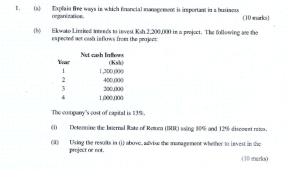 Explain five ways in which financial management is important in a business 
organization. (10 marks) 
(b) Ekwato Limited intends to invest Ksh.2,200,000 in a project. The following are the 
expected net cash inflows from the project: 
The company’s cost of capital is 13%. 
(i) Determine the Internal Rate of Return (IRR) using 10% and 12% discount rates. 
(ii) Using the results in (i) above, advise the management whether to invest in the 
project or not. 
(10 marks)