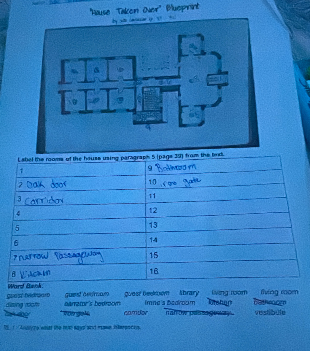 'Aouse Taken Over' Blueprint 
guest bedroom guest bedroam guest bedroom library living room living room 
daing room barrator's bedroom Irene's bedroom shen nathroom 
bak door von gole carridor narrow passagoway . vestibule 
R Analyze what the tex says and make inferences.