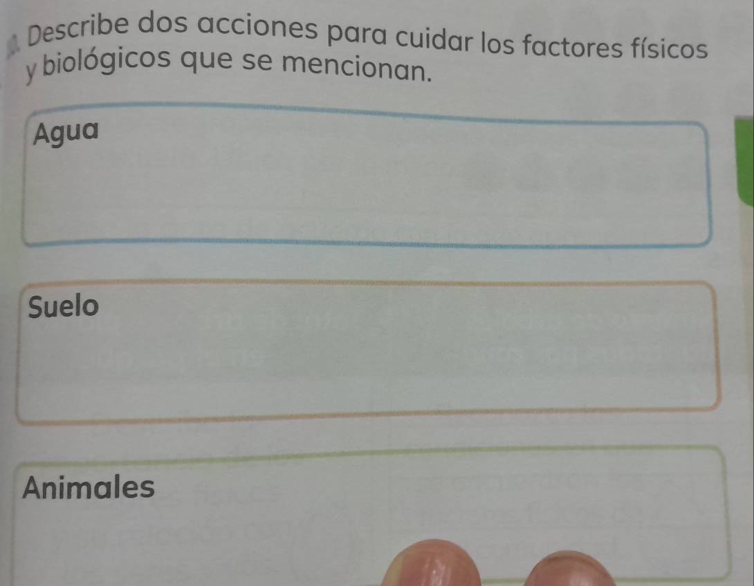 Describe dos acciones para cuidar los factores físicos
y biológicos que se mencionan.
Agua
Suelo
Animales