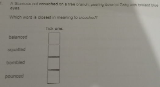 A Siamese cat crouched on a tree branch, peering down at Gaby with brilliant blue
eyes.
Which word is closest in meaning to crouched?
Tick one.
balanced
squatted
trembled
pounced