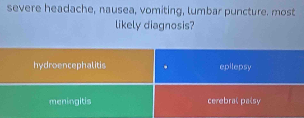 severe headache, nausea, vomiting, lumbar puncture. most
likely diagnosis?
hydroencephalitis epilepsy
meningitis cerebral palsy