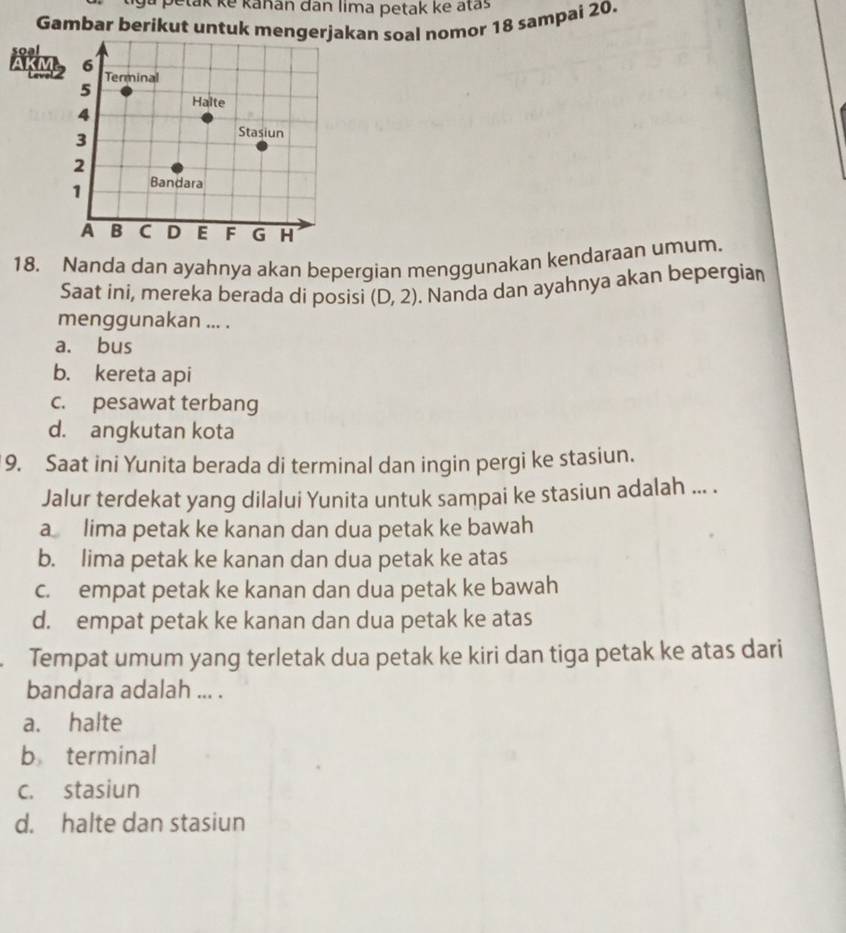 petak ke kanan đân lima petak ke atas
Gambar berikut untuk mengerjakan soal nomor 18 sampai 20.

18. Nanda dan ayahnya akan bepergian menggunakan kendaraan umum.
Saat ini, mereka berada di posisi (D,2). Nanda dan ayahnya akan bepergian
menggunakan ... .
a. bus
b. kereta api
c. pesawat terbang
d. angkutan kota
9. Saat ini Yunita berada di terminal dan ingin pergi ke stasiun.
Jalur terdekat yang dilalui Yunita untuk sampai ke stasiun adalah ... .
a lima petak ke kanan dan dua petak ke bawah
b. lima petak ke kanan dan dua petak ke atas
c. empat petak ke kanan dan dua petak ke bawah
d. empat petak ke kanan dan dua petak ke atas
. Tempat umum yang terletak dua petak ke kiri dan tiga petak ke atas dari
bandara adalah ... .
a. halte
b terminal
c. stasiun
d. halte dan stasiun