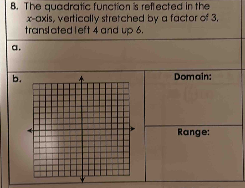 The quadratic function is reflected in the 
x-axis, vertically stretched by a factor of 3, 
translated left 4 and up 6. 
a. 
b.Domain: 
Range: