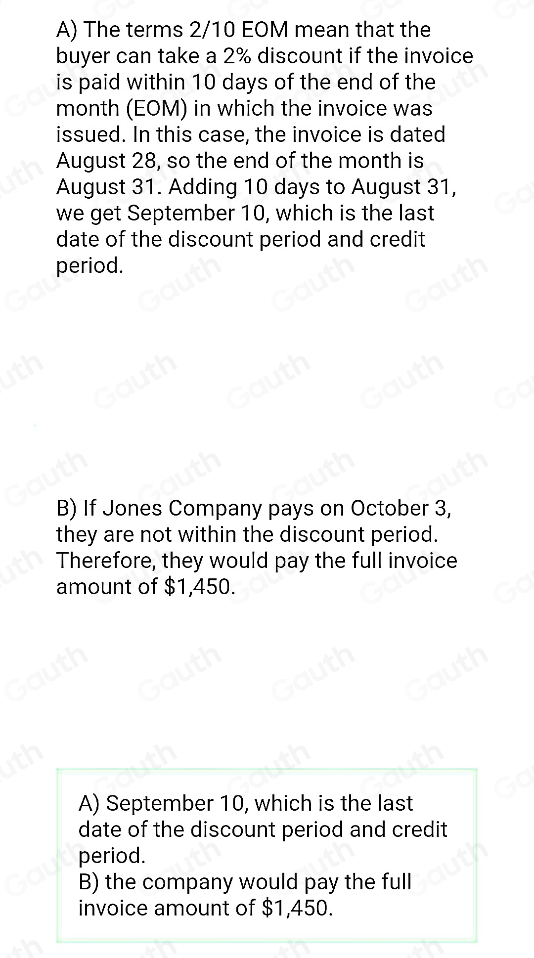 Solved: Jones Company received an invoice for $1,450 dated August 28 ...