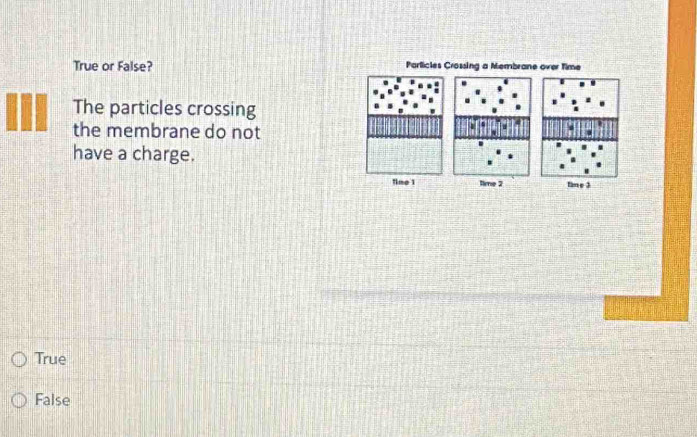 True or False? Particles Crossing a Membrane over time
The particles crossing
the membrane do not
have a charge.
True
False