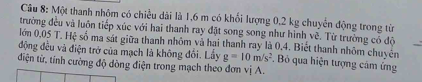 Một thanh nhôm có chiều dài là 1,6 m có khối lượng 0,2 kg chuyển động trong từ 
trường đều và luộn tiếp xúc với hai thanh ray đặt song song như hình về. Từ trường có độ 
lớn 0,05 T. Hệ số ma sát giữa thanh nhôm và hai thanh ray là 0,4. Biết thanh nhôm chuyển 
động đều và điện trở của mạch là không đổi. Lấy g=10m/s^2. Bỏ qua hiện tượng cảm ứng 
điện từ, tính cường độ dòng điện trong mạch theo đơn vị A.