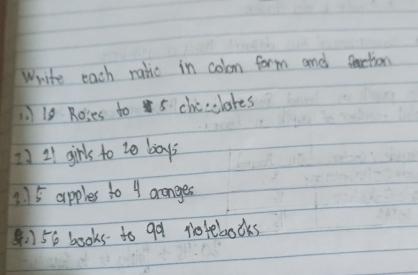 Write each ratio in colon form and faction 
() 19 Roises to 5 chccclares 
2 21 girls to te boys 
1. 15 apples to 4 oranges 
(56 books to 90 vofebooks