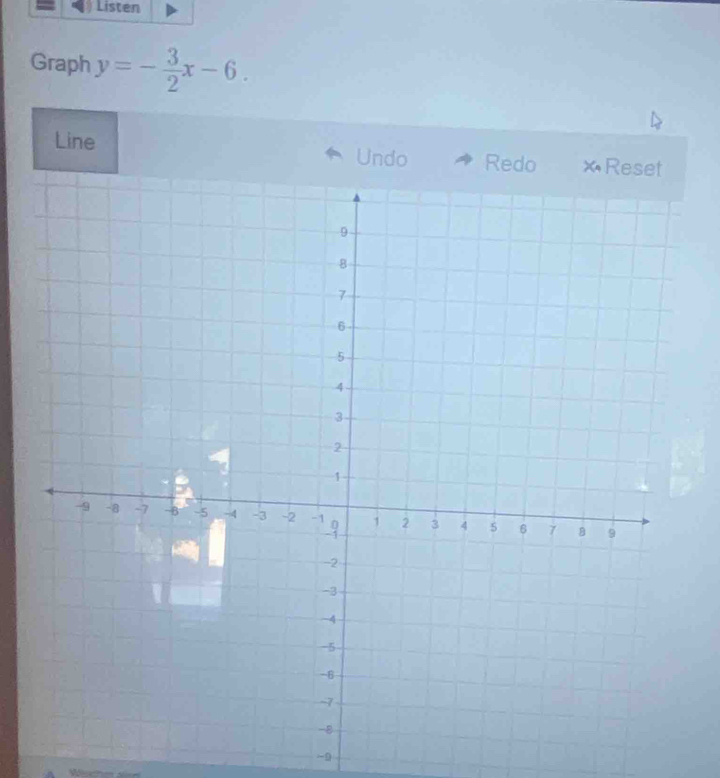 Listen 
Graph y=- 3/2 x-6. 
Line Undo R
-9