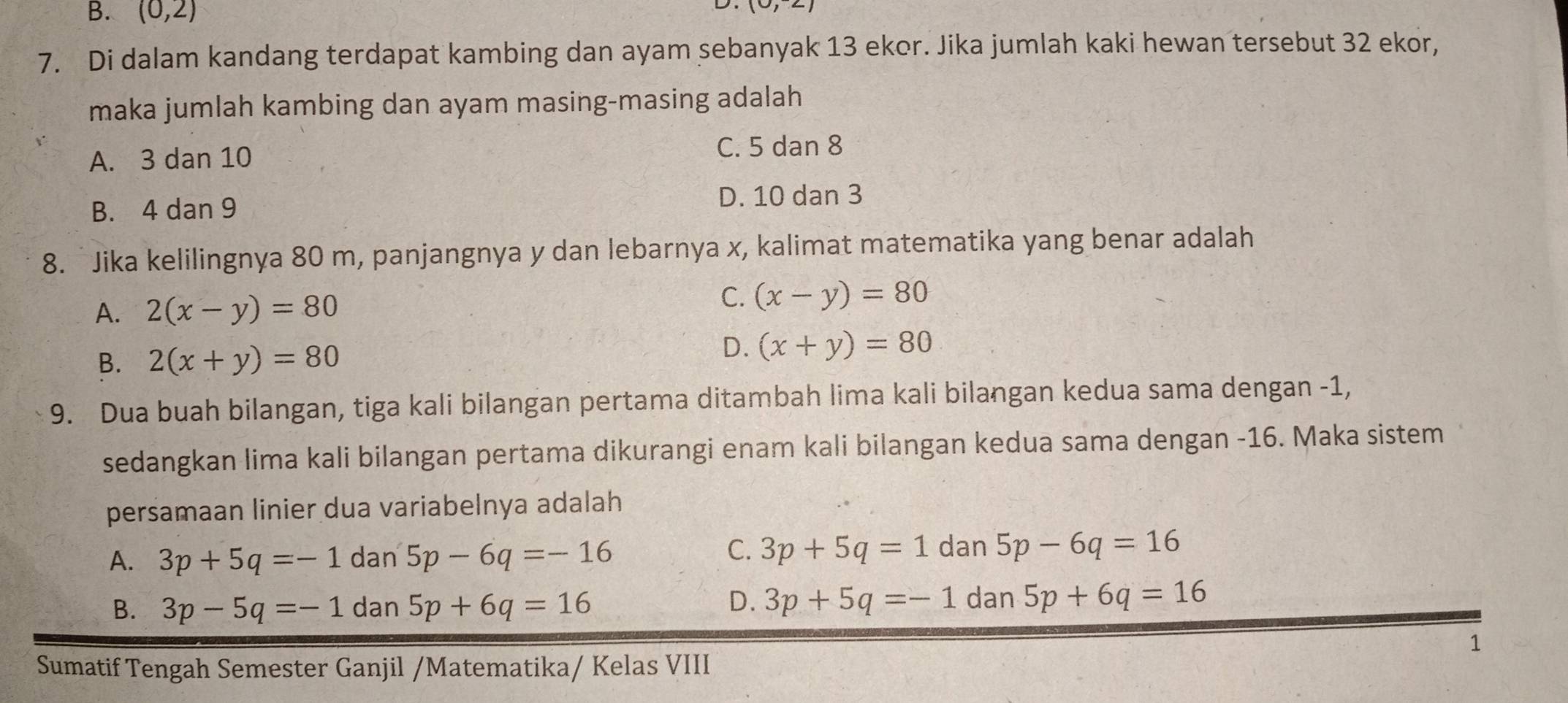 B. (0,2)
7. Di dalam kandang terdapat kambing dan ayam sebanyak 13 ekor. Jika jumlah kaki hewan tersebut 32 ekor,
maka jumlah kambing dan ayam masing-masing adalah
A. 3 dan 10
C. 5 dan 8
B. 4 dan 9 D. 10 dan 3
8. Jika kelilingnya 80 m, panjangnya y dan lebarnya x, kalimat matematika yang benar adalah
A. 2(x-y)=80
C. (x-y)=80
B. 2(x+y)=80
D. (x+y)=80
9. Dua buah bilangan, tiga kali bilangan pertama ditambah lima kali bilangan kedua sama dengan -1,
sedangkan lima kali bilangan pertama dikurangi enam kali bilangan kedua sama dengan -16. Maka sistem
persamaan linier dua variabelnya adalah
C.
A. 3p+5q=-1 dan 5p-6q=-16 3p+5q=1 dan 5p-6q=16
B. 3p-5q=-1 dan 5p+6q=16 D. 3p+5q=-1 dan 5p+6q=16
1
Sumatif Tengah Semester Ganjil /Matematika/ Kelas VIII