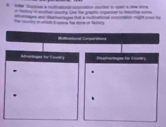 ieller Supoose a mulimational corpoattion decutes to open a new shre 
or festory i another country. Lise the graphic organizer to dessribe some 
adventages and disadivantages that a multinational comoration might pose for 
the counby in which it opens the store or factory. 
Multinational Corporations 
Advantages for Country Disadventages for Country