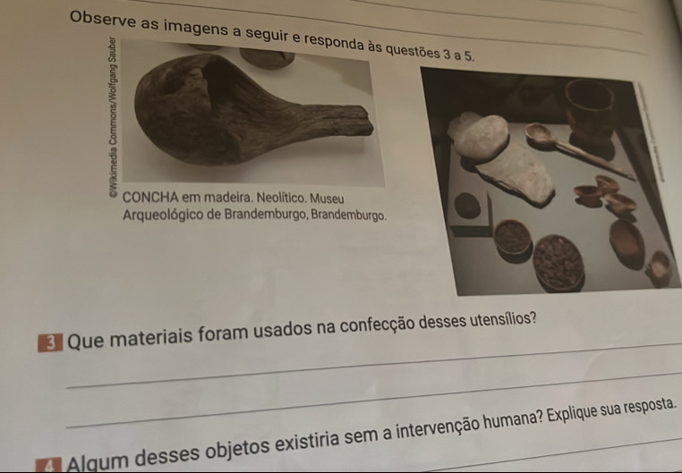 Observe as imagens a seguestões 3 a 5, 
CONCHA em madeira. Neolítico. Museu 
Arqueológico de Brandemburgo, Brandemburgo. 
_ 
* Que materiais foram usados na confecção desses utensílios? 
_ 
Za Algum desses objetos existiria sem a intervenção humana? Explique sua resposta.