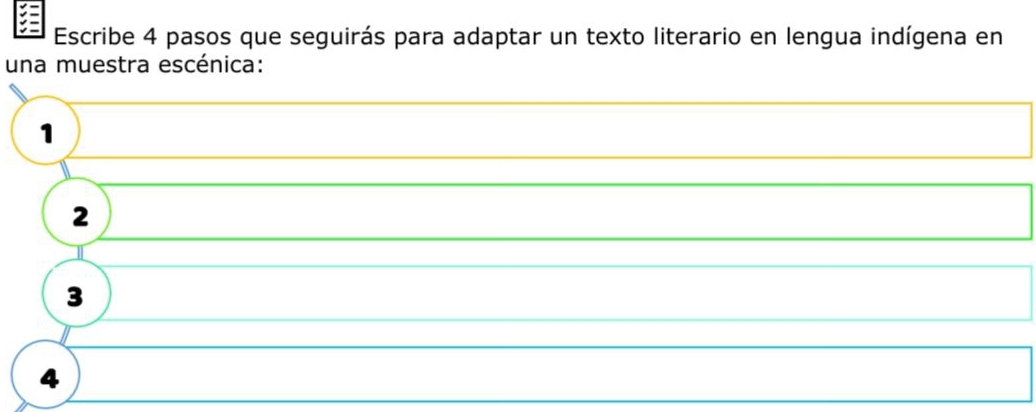 Escribe 4 pasos que seguirás para adaptar un texto literario en lengua indígena en
una muestra escénica:
1
2
3
4