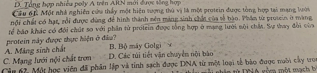 D. Tổng hợp nhiều poly A trên ARN mới được tổng hợp
Câu 61. Một nhà nghiên cứu thấy một hiện tượng thú vị là một protein được tổng hợp tại mạng lưới
chội chất có hạt, rồi được dùng đề hình thành nên màng sinh chất của tế bào. Phân tử protein ở màng
tế bào khác có đôi chút so với phân tử protein được tổng hợp ở mạng lưới nội chất. Sự thay đổi của
protein này được thực hiện ở đâu?
A. Màng sinh chất B. Bộ máy Golgi
C. Mạng lưới nội chất trơn D. Các túi tiết vận chuyển nội bào
Câu 62. Một học viên đã phân lập và tinh sạch được DNA từ một loại tế bảo được nuôi cấy tron
nh ân tử DNA gồm một mạch bị