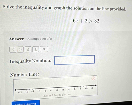 Solve the inequality and graph the solution on the line provided.
-6x+2>32
Answer Attempt 1 out of 2 
< > < or 
Inequality Notation: □ □ 
Number Line: 
Submit Answer