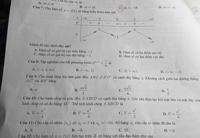 Giả trị của m là
A. m=9. B. m=18. C. m=-18. D. m=-9.
Câu 7: Cho hàm số y=f(x) có bảng biến thiên như sau
03
Mệnh đề nào dưới đây sai?
A. Hàm số có giá trị cực tiểu bằng −1. B. Hàm số có ba điểm cực trị.
C. Hàm số có giá trị cực đại bằng −1. D. Hàm số có hai điểm cực đại.
Câu 8: Tập nghiệm của bất phương trình 3^(3x+1)
A. (-1;+∈fty ). B. (-∈fty ;1). C. (1;+∈fty ). D. (-∈fty ;-1).
Câu 9: Cho hình lăng trụ tam giác đều ABC.A'B'C' có cạnh đáy bằng a. Khoảng cách giữa hai đường thắng
AC' và BB' bằng
A. a.  asqrt(3)/2 .  asqrt(3)/4 .
B.
C.
D.  a/2 .
Câu 10: Cho hình chóp tứ giác đều S.ABCD có cạnh đáy bằng a. Góc nhị diện tạo bởi mặt bên và mặt đáy của
hình chóp có số đo bằng 45° T. Thể tích khối chóp S.ABCD là
A. V= a^3/4 . V= a^3/3 . C. V= a^3/2 . D. V= a^3/6 .
B.
Câu 11: Cho cấp số nhân (u_n) có u_1=2 và u_6=-64. Số hạng u_3 của cấp số nhân đã cho là
A. 8. B. −8. C. 16. D. -2.
Câu 12: Cho hàm số y=f(x) liên tục trên R có bảng xét dấu đạo hàm như sau