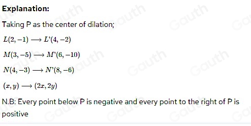 Explanation: 
Taking P as the center of dilation;
L(2,-1)to L'(4,-2)
M(3,-5)to M'(6,-10)
N(4,-3)to N'(8,-6)
(x,y)to (2x,2y)
N.B: Every point below P is negative and every point to the right of P is 
positive