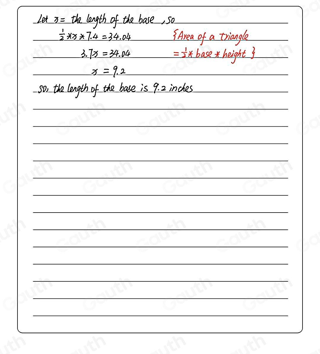 Solved: The area of the triangle below is 34.04 square inches. What is ...