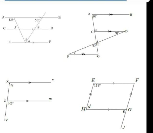 A
B
80°
x
c 60°
-D
40° E
F
G
x
Y
3g
z
W
105°
lv