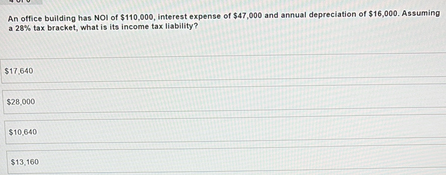 An office building has NOI of $110,000, interest expense of $47,000 and annual depreciation of $16,000. Assuming
a 28% tax bracket, what is its income tax liability?
$17,640
$28,000
$10,640
$13,160