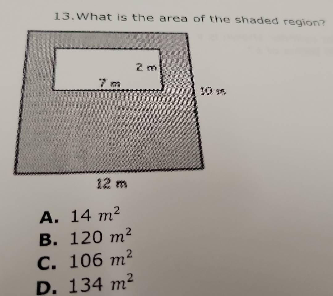 A. 14m^2
B. 120m^2
C. 106m^2
D. 134m^2