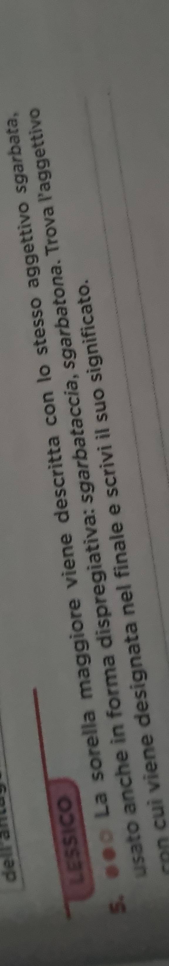 delranta 
5. ●●○ La sorella maggiore viene descritta con lo stesso aggettivo sgarbata, 
LESSICO 
usato anche in forma dispregiativa: sgarbataccía, sgarbatona. Trova l’aggettivo 
cn iene designata nel finale e scrivi il suo significato.