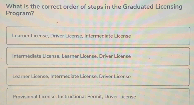 Solved: What is the correct order of steps in the Graduated Licensing ...