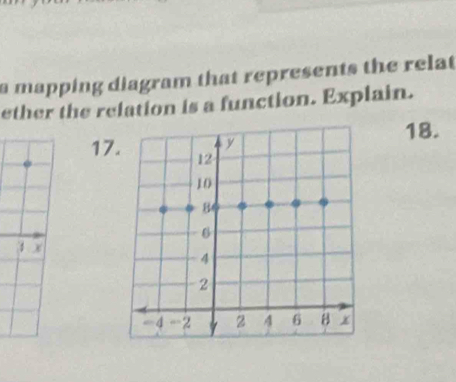 a mapping diagram that represents the relat 
ether the relation is a function. Explain. 
18. 
17