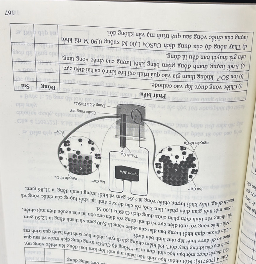 biết băng dung
Câu 4 [705718]: Một nhóm học sinh tiến hành mạ một lớp kim loại đồng lên chiếc vòng tay.
Giá thuyết được một bạn học sinh đưa ra là: “Nồng độ CuSO4 trong dung dịch trước và sau quá
trình mạ đều không thay đổi”'. Đế kiểm chứng giả thuyết, nhóm học sinh tiến hành quá trình mạ
theo sơ đồ được thiết lập như hình bên dưới:
- Cân để xác định khối lượng ban đầu của chiếc vòng là 5,00 gam và thanh đồng là 12,50 gam.
Nối chiếc vòng với một điện cực và thanh đồng với điện cực còn lại của nguồn điện một chiều,
rồi nhúng vào bình điện phân chứa dung dịch CuSO4 1,00 M.
ại đượ
- Sau một thời gian điện phân, làm khô, rồi cân để xác định lại khối lư vòng và
ở dạm
thanh đồng, thấy khối lượng chiếc vòng là 5,6 gam.
g ợc gọ
no cáo
Phát biểu
Đúng
a) Chiếc vòng được lắp vào cathode. Sai
b) Ion SO_4^(2-) không tham gia vào quá trình oxi hóa khử ở cả hai điện cực.
c) Khối lượng thanh đồng giảm bằng khối lượng của chiếc vòng tăng,
nên giả thuyết ban đầu là đúng.
d) Thay nồng độ của dung dịch CuSO4 1,00 M xuống 0,90 M thì khối
lượng của chiếc vòng sau quá trình mạ vẫn không đổi.
167