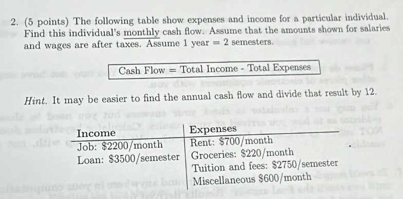 The following table show expenses and income for a particular individual. 
Find this individual's monthly cash flow. Assume that the amounts shown for salaries 
and wages are after taxes. Assume 1 year =2 semesters. 
Cash Flow = Total Income - Total Expenses 
Hint. It may be easier to find the annual cash flow and divide that result by 12. 
Income Expenses 
Job: $2200/month Rent: $700/month
Loan: $3500/semester Groceries: $220/month
Tuition and fees: $2750/semester
Miscellaneous $600/month