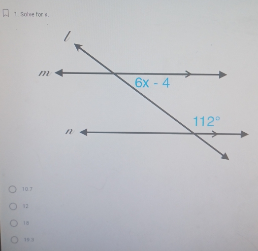 Solve for x.
10.7
12
18
19.3