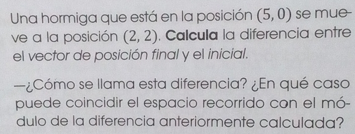 Una hormiga que está en la posición (5,0) se mue- 
ve a la posición (2,2). Calcula la diferencia entre 
el vector de posición final y el inicial. 
—¿Cómo se llama esta diferencia? ¿En qué caso 
puede coincidir el espacio recorrido con el mó- 
dulo de la diferencia anteriormente calculada?